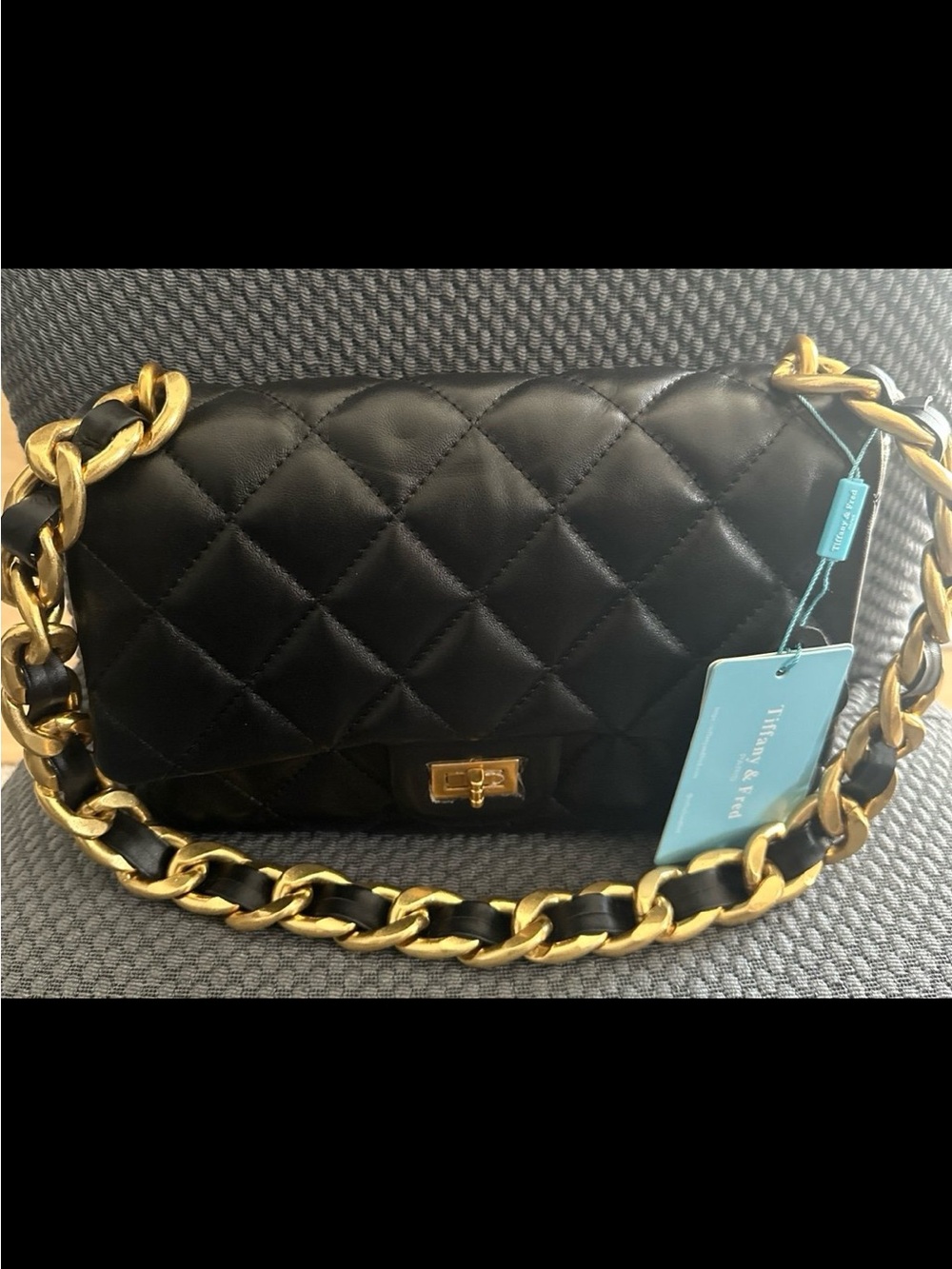 Tiffany & Fred Black Quilted Shoulder Bag with Gold Chain Detail